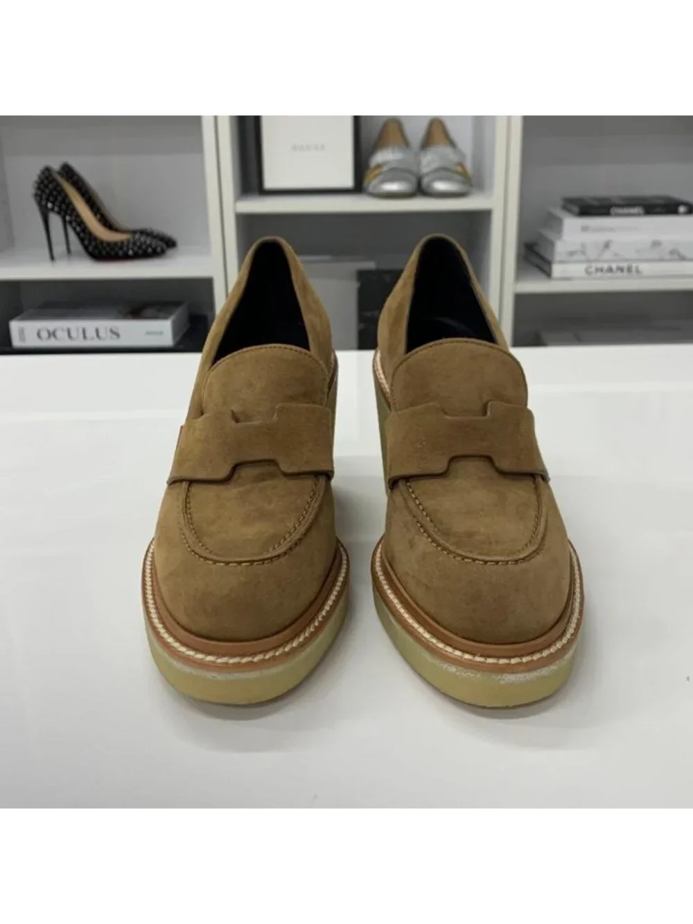 Hermes Didi Suede Heels Loafers Brown